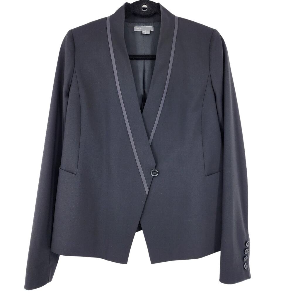 Vince Black One Button Asymmetrical Wool Cotton Blend Fitted Blazer Size 10